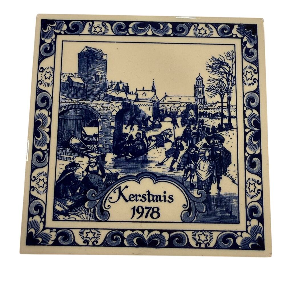 VINTAGE 1978 Kerstmis Holland Delft Blue Christmas Ceramic Tile 6 Inch Dutch